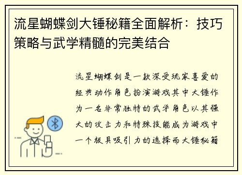 流星蝴蝶剑大锤秘籍全面解析：技巧策略与武学精髓的完美结合